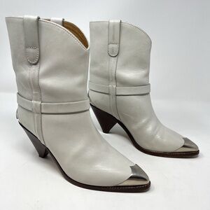 Isabel Marant Lamsy White Leather Western Pointed Toe Boot Wingtip size 38 EU